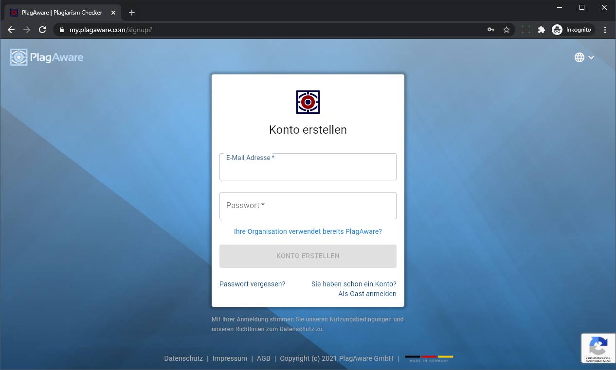 Anmeldung bei PlagAware Screenshot Anmeldung für die Plagiatsprüfung bei PlagAware