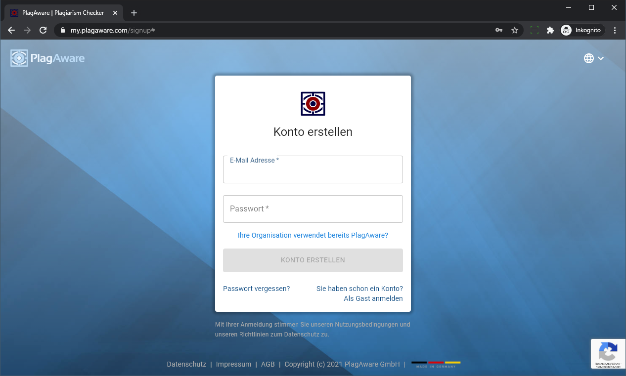 Screenshot Anmeldung für die Plagiatsprüfung bei PlagAware