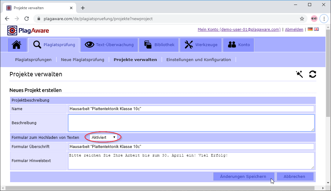 Erstellen eines Formulars zum Einreichen von Texten für die Plagiatsprüfung