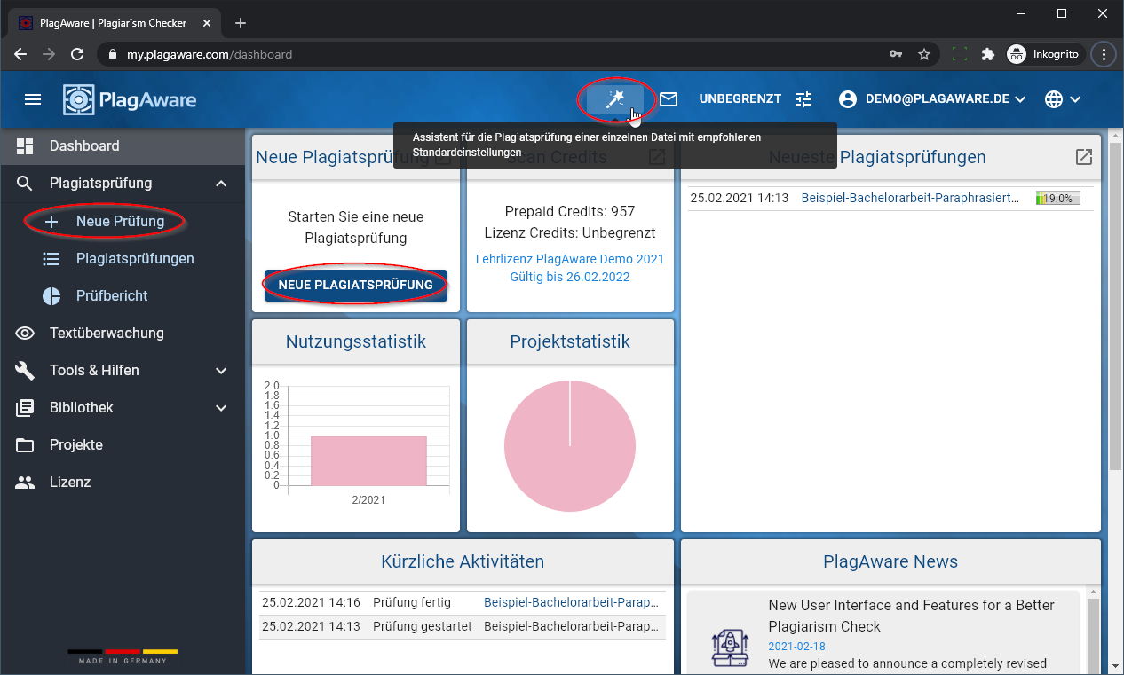 Screenshot Anleitung Plagiatsprüfung Dashboard PlagAware