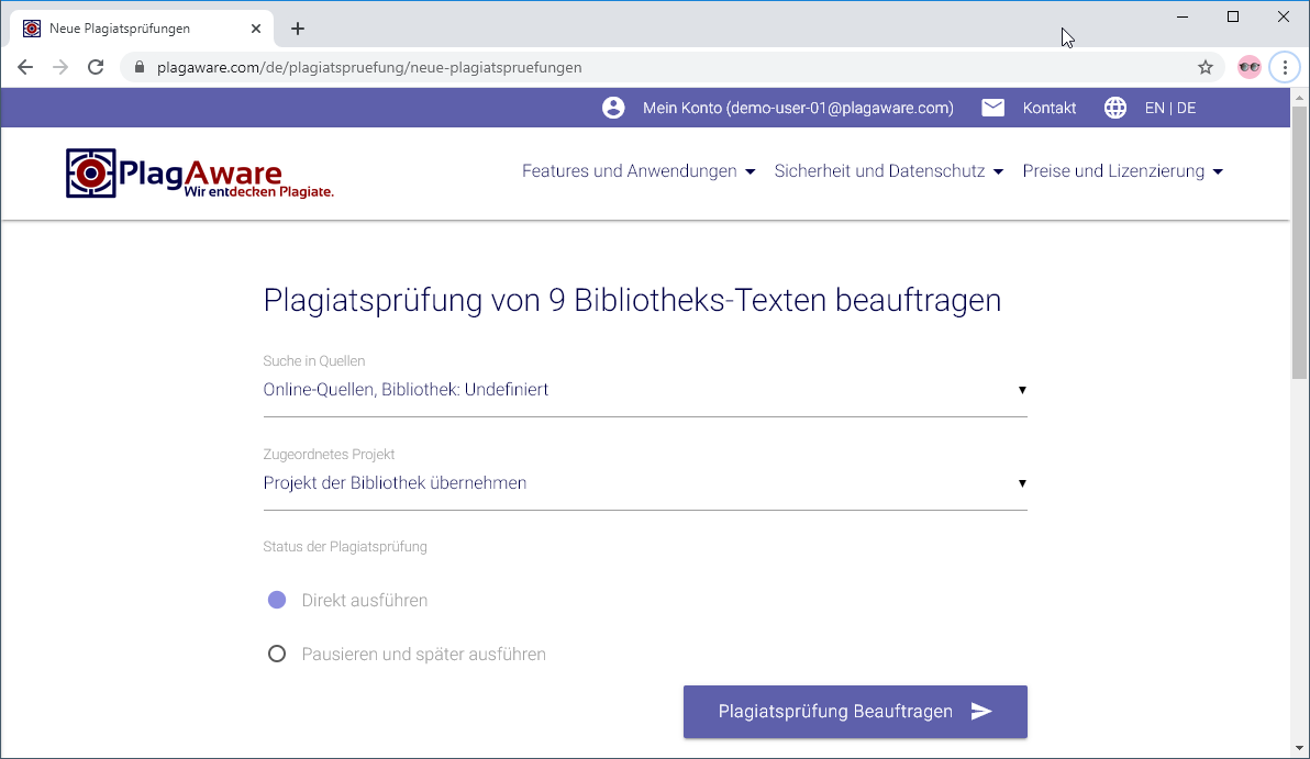 Auswahl der Quellen bei der Beauftragung der Plagiatsprüfung aus der Bibliothek