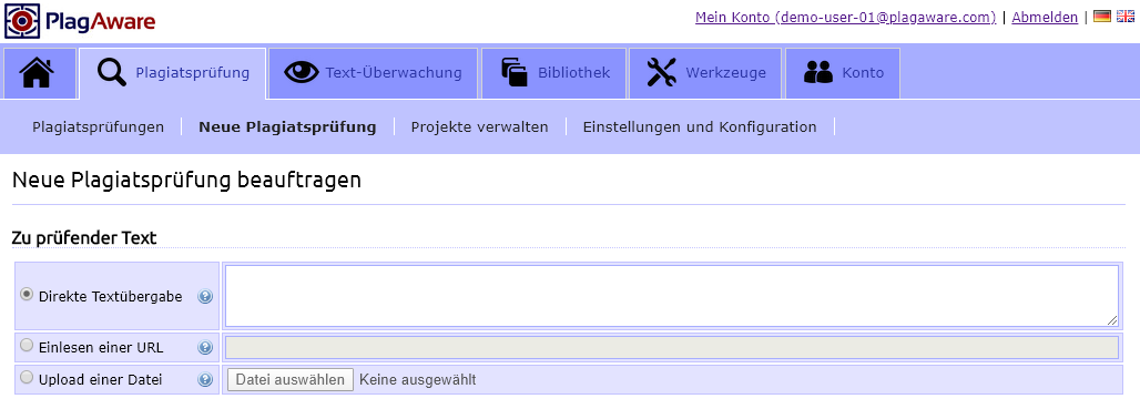 Hochladen eines Texts zum Starten der Plagiatsprüfung.