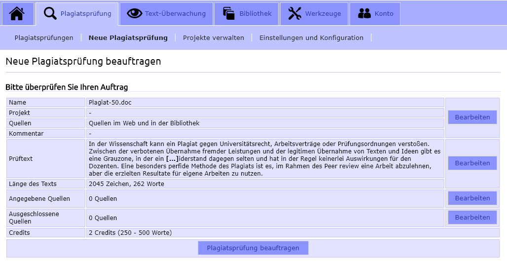 Überprüfung des Auftrags