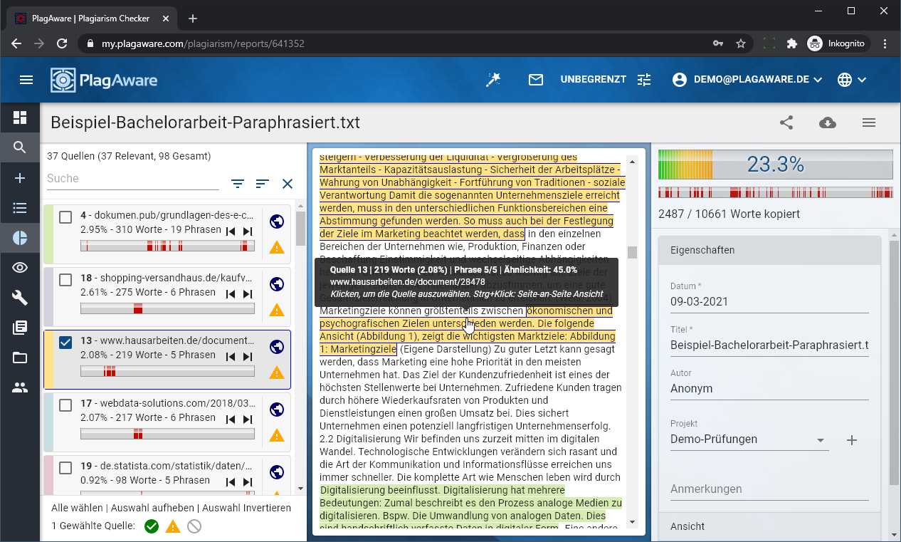 Die Ergebnisse der Plagiatssuche im interaktiven Prüfbericht