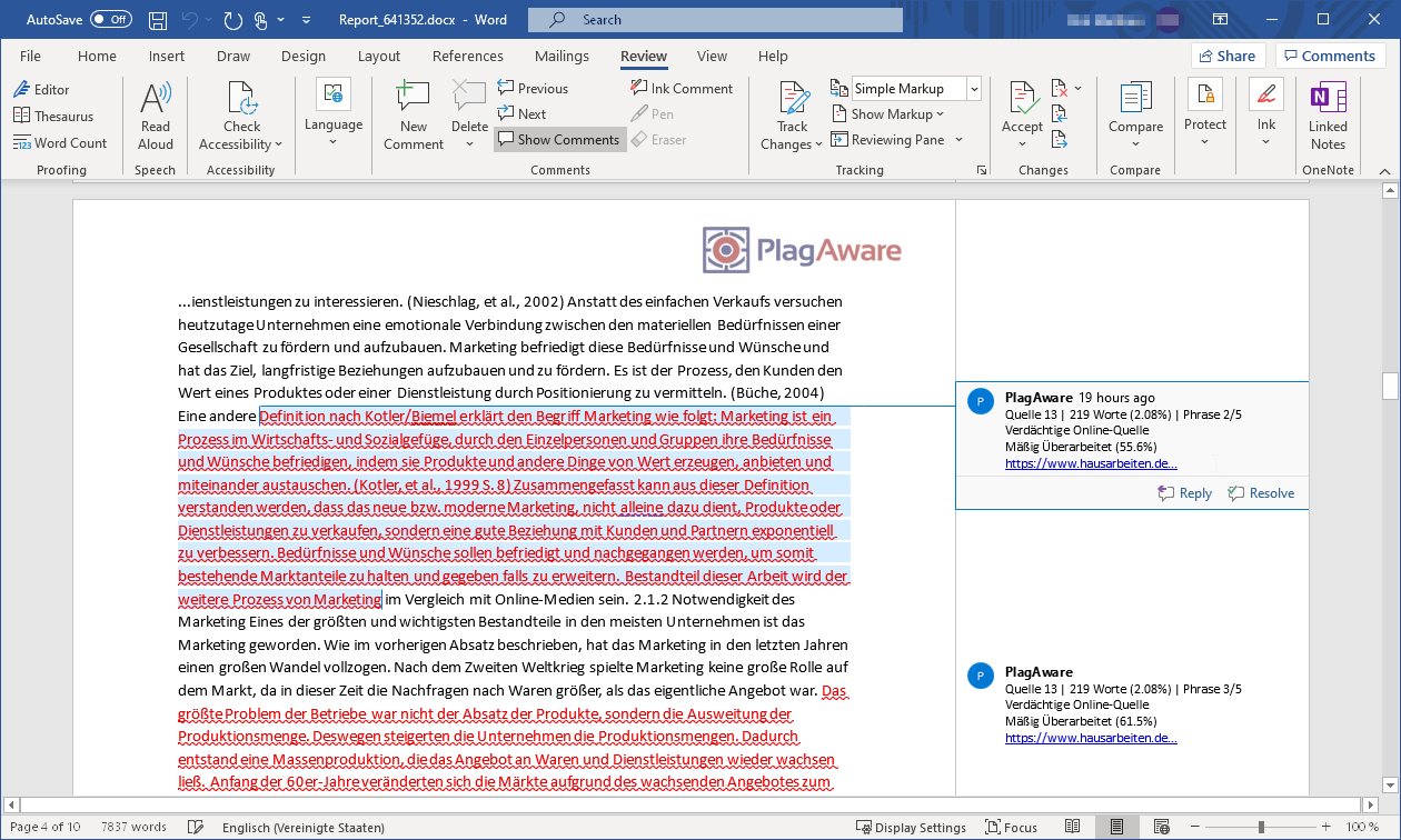 Der Ergebnisbericht der Plagiatsscans im Microsoft Word Format