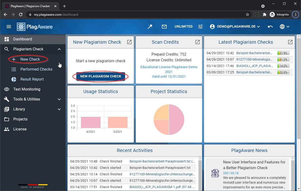 Screenshot of new plagiarism scan from the dashboard Screenshot of new plagiarism scan from the dashboard