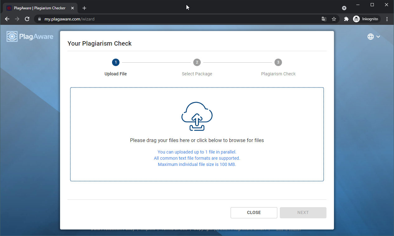 Assistant for a new plagiarism check Screenshot assistant for a new plagiarism check