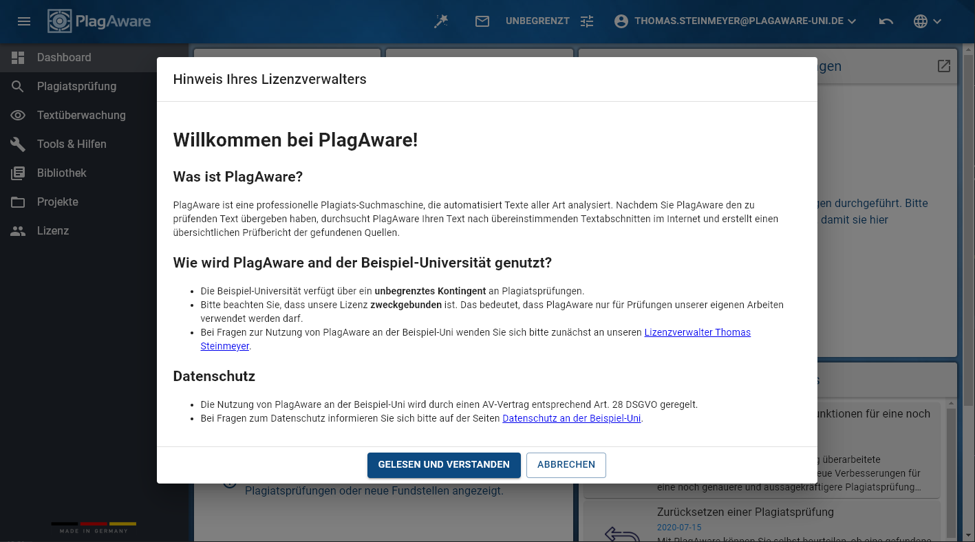 Screenshot Assistent für eine neue Plagiatsprüfung 