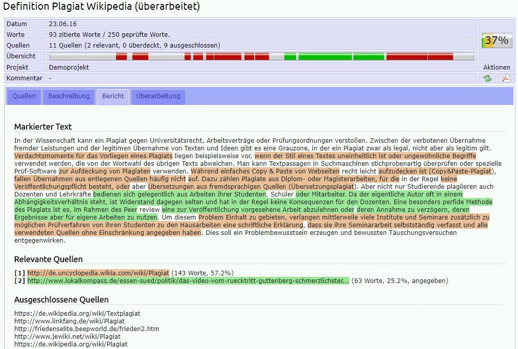 Ergbnisbericht der Plagiatssoftware Bericht der Plagiatssoftware