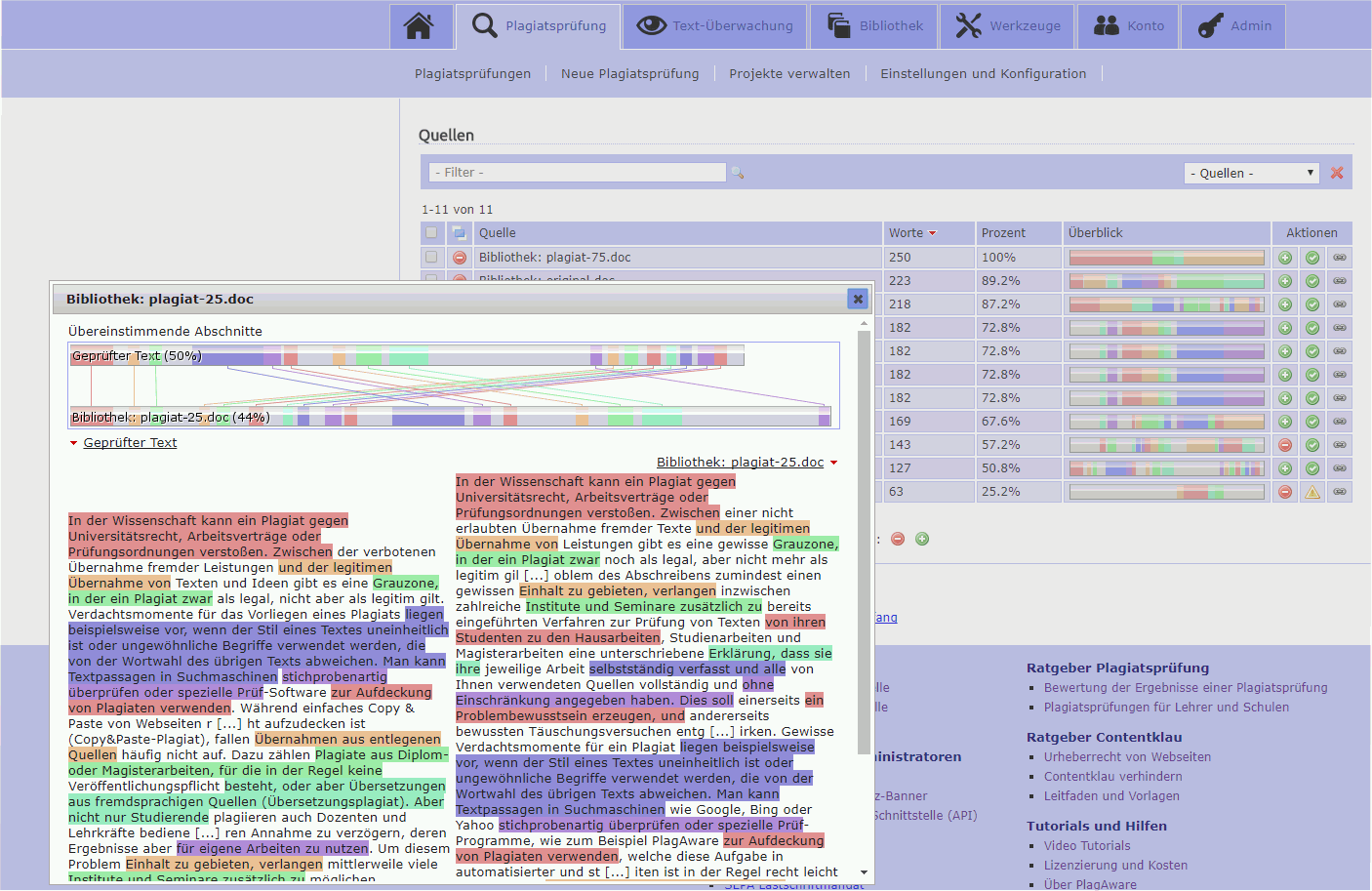 Screenshot of PlagAware evaluation of plagiarism