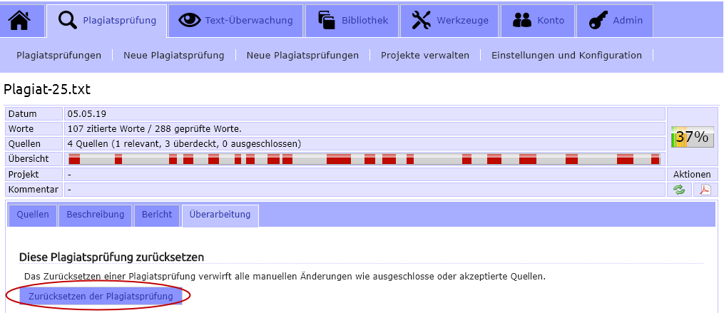 Plagiatsprüfung zurücksetzen