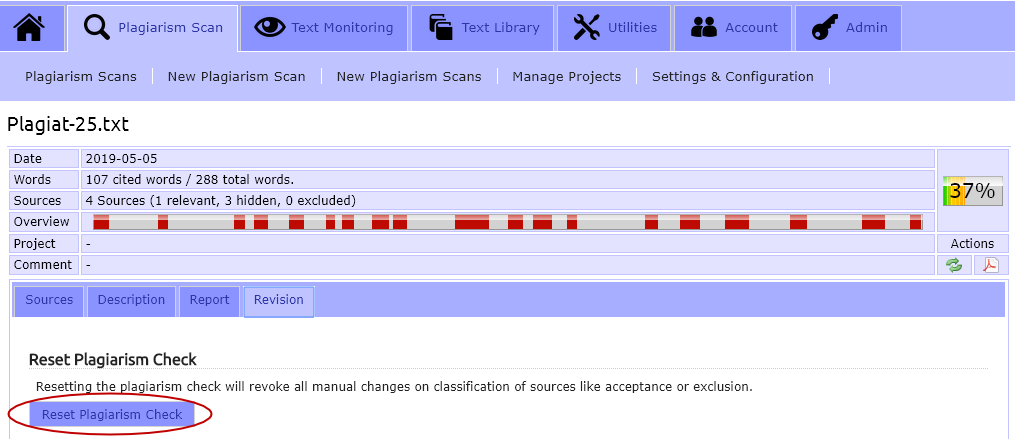 Reset plagiarism check