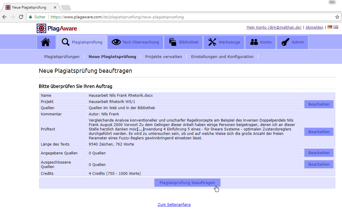 Neue Plagiatsprüfung beauftragen