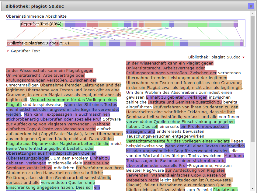 Screenshot von PlagAware Textvergleich